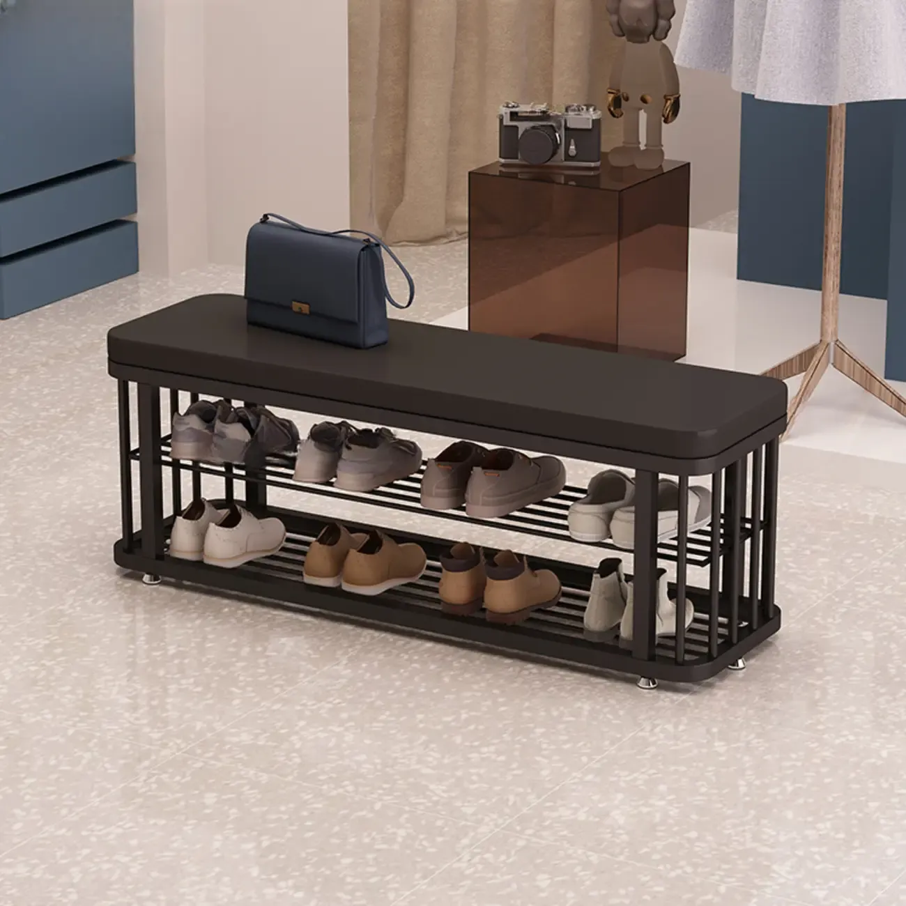 Simplistic Gold Metal Shoe Bench with Padded Upholstery | HomeyFad