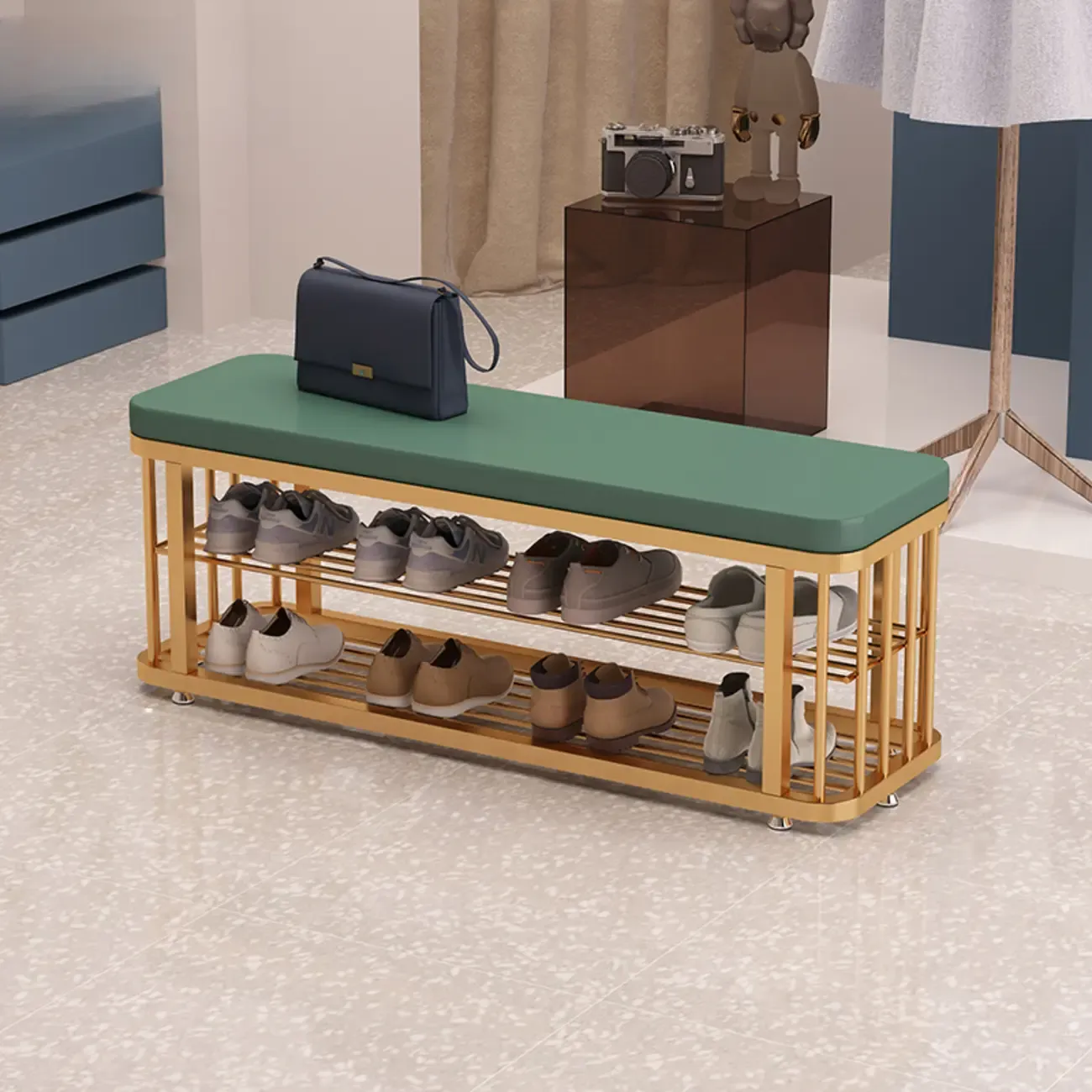 Simplistic Gold Metal Shoe Bench with Padded Upholstery