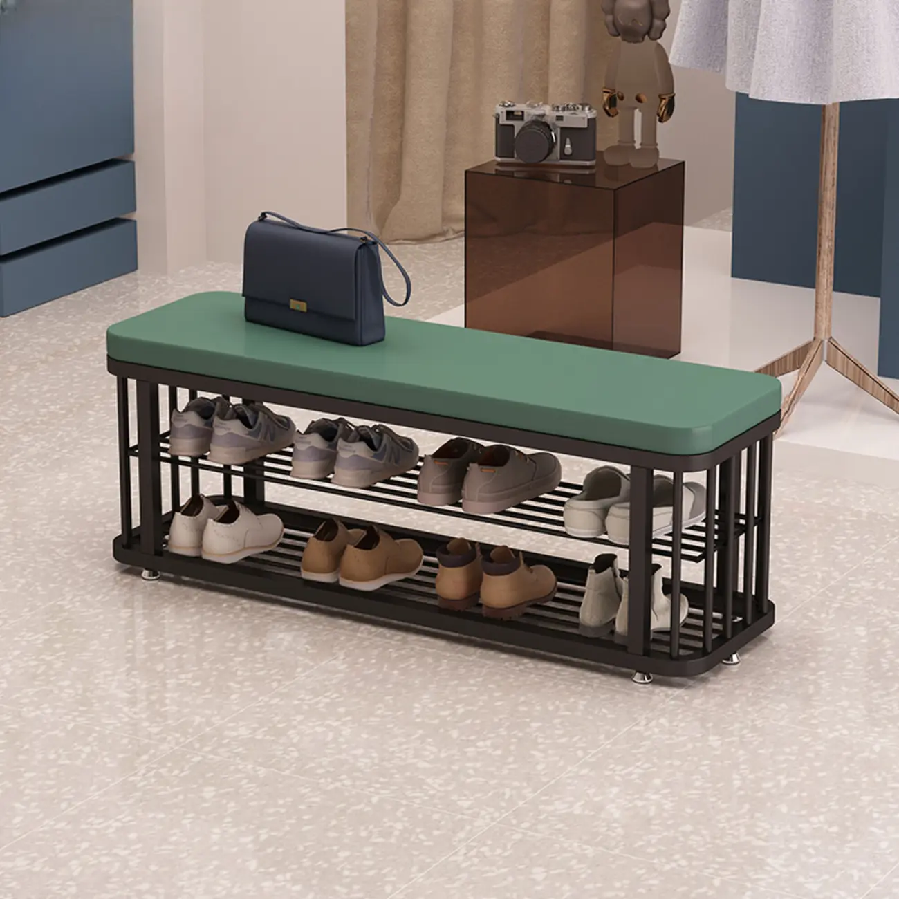 Simplistic Gold Metal Shoe Bench with Padded Upholstery | homeyfad