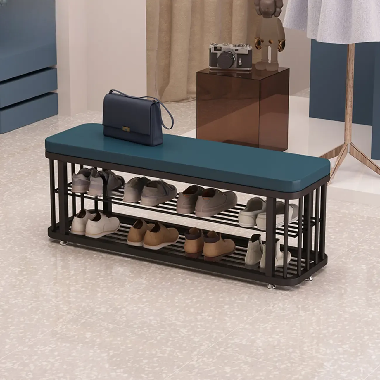 Simplistic Gold Metal Shoe Bench with Padded Upholstery Image - 19