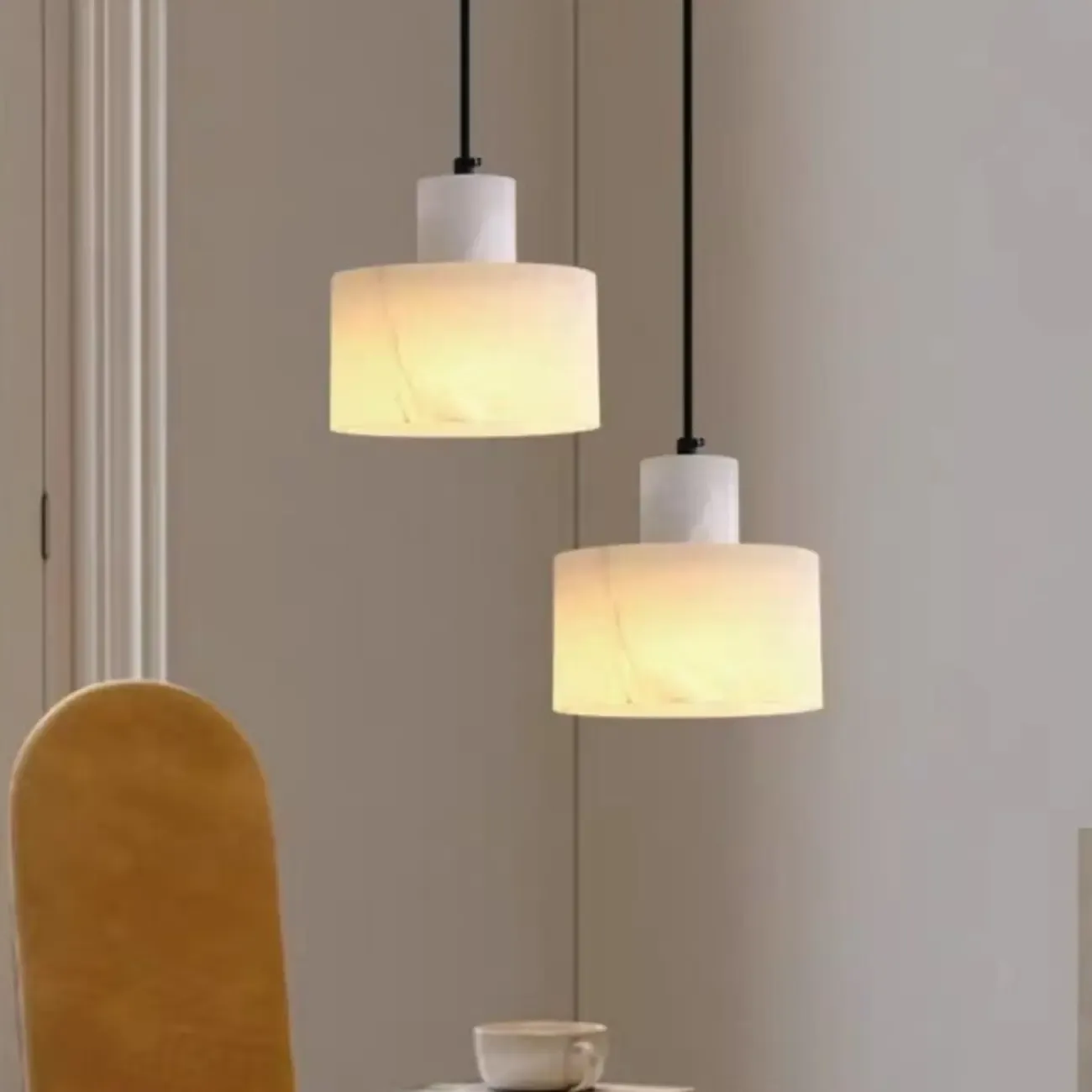 Black Stone Cylinder Hanging Pendant Light Fixture Image - 1