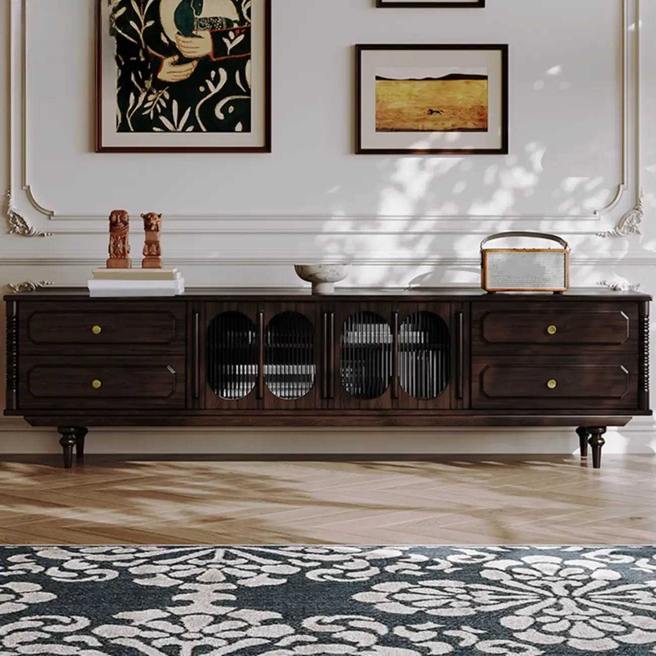 Modern Brown Wood TV Stand with Storage and Cabinets Image - 2