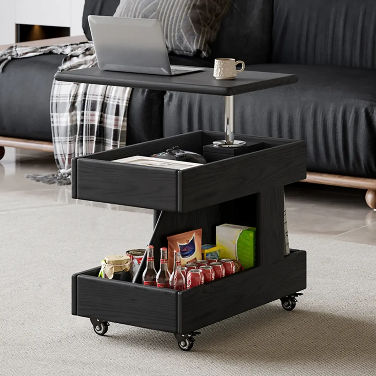 Versatile Swivel Top Modern Wood Side Table with Wheels Image - 2