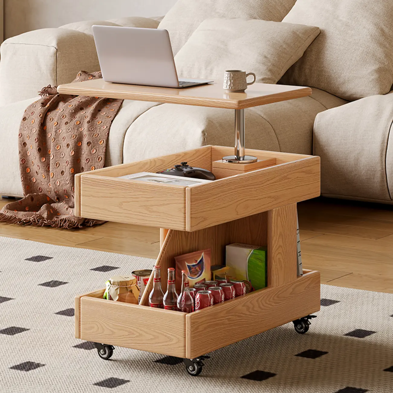 Versatile Swivel Top Modern Wood Side Table with Wheels Image - 3 | homeyfad