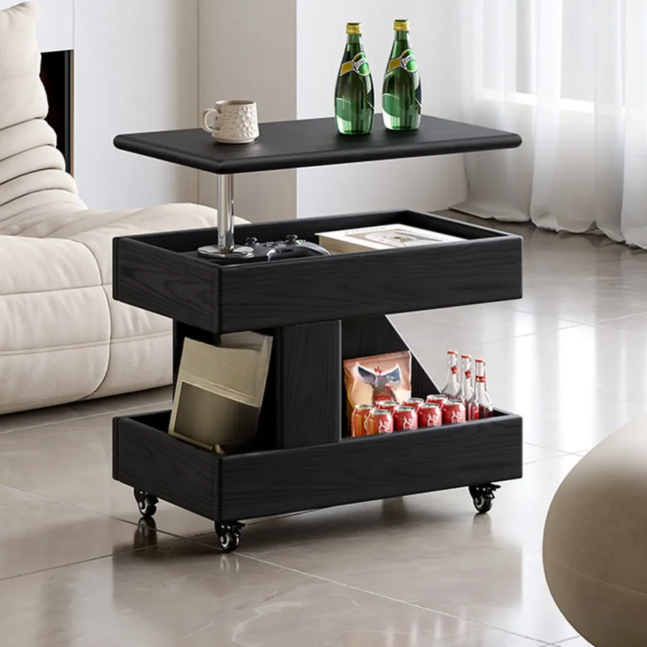 Versatile Swivel Top Modern Wood Side Table with Wheels Image - 5