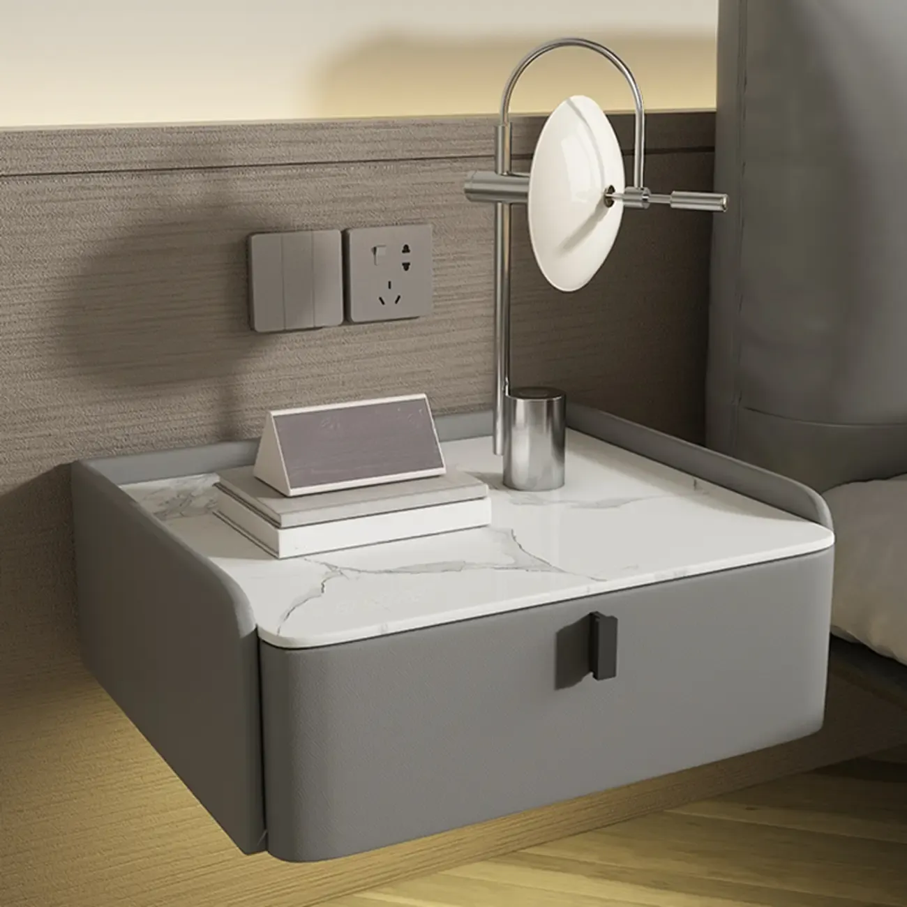 Minimalist White Stone Top Wall-Mounted Wood Nightstand Image - 2