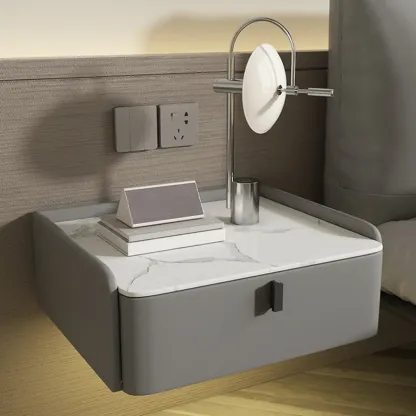 Minimalist White Stone Top Wall-Mounted Wood Nightstand Image - 2