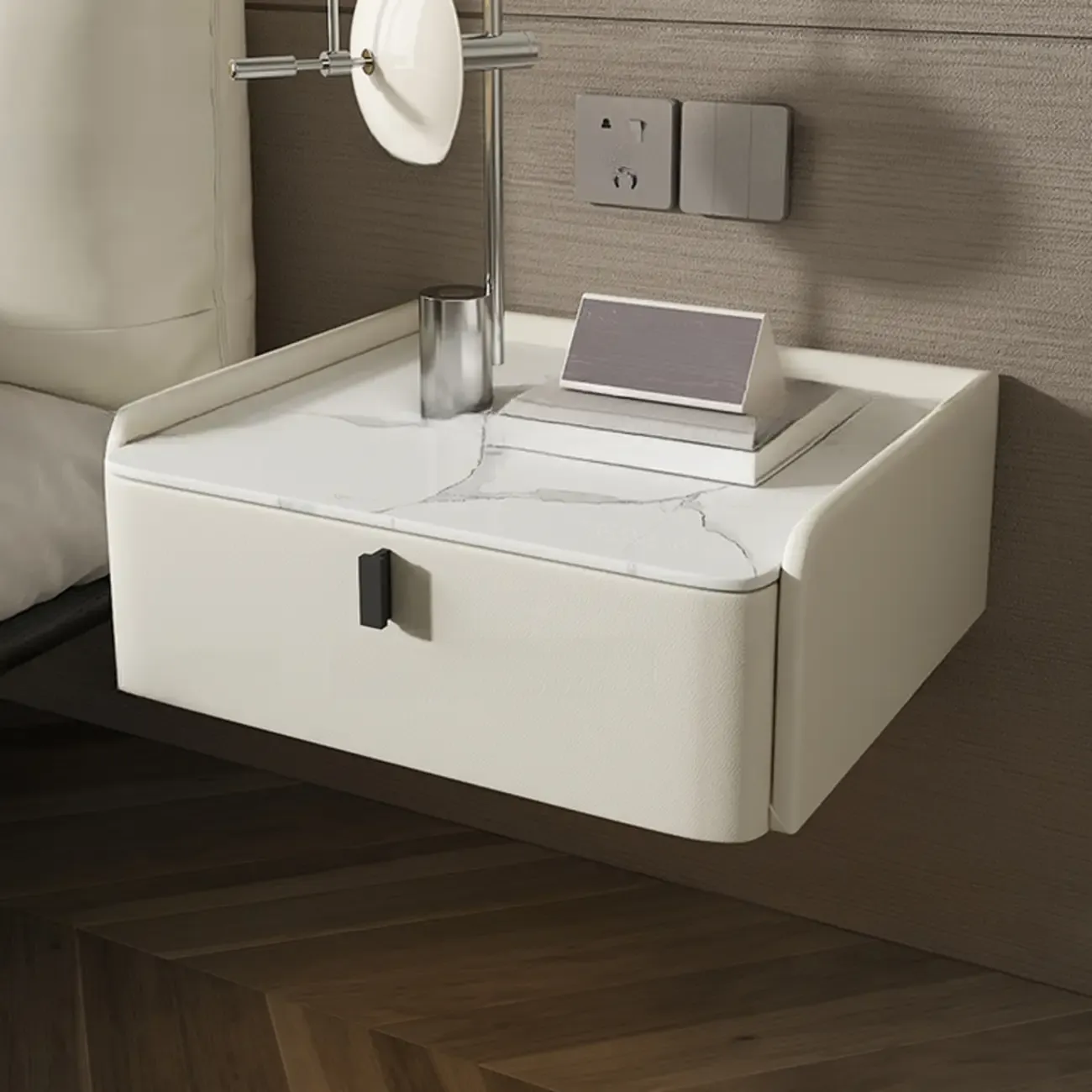 Minimalist White Stone Top Wall-Mounted Wood Nightstand Image - 1