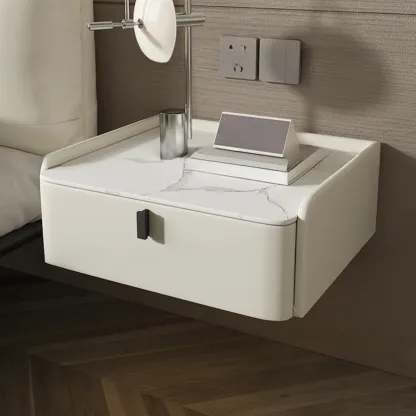Minimalist White Stone Top Wall-Mounted Wood Nightstand Image - 1