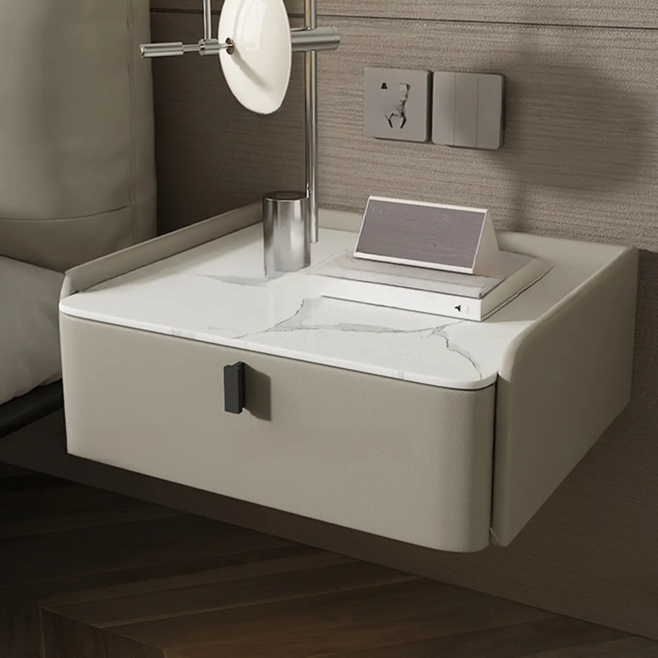Minimalist White Stone Top Wall-Mounted Wood Nightstand Image - 3 | homeyfad