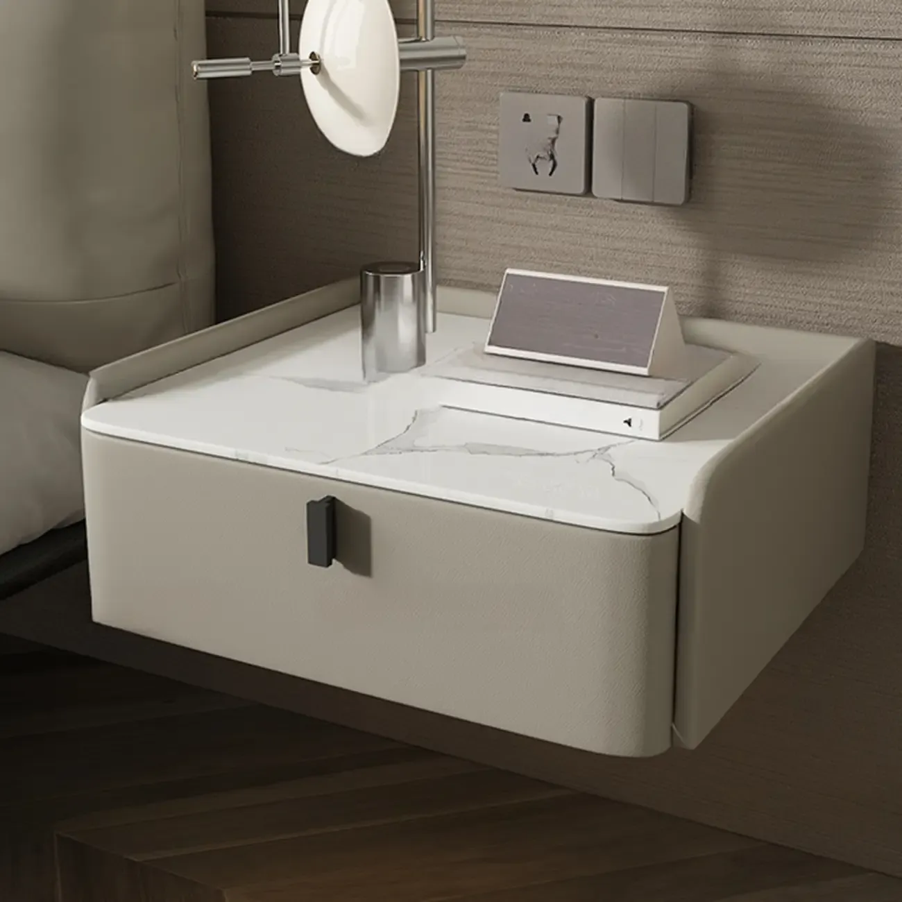 Minimalist White Stone Top Wall-Mounted Wood Nightstand Image - 3