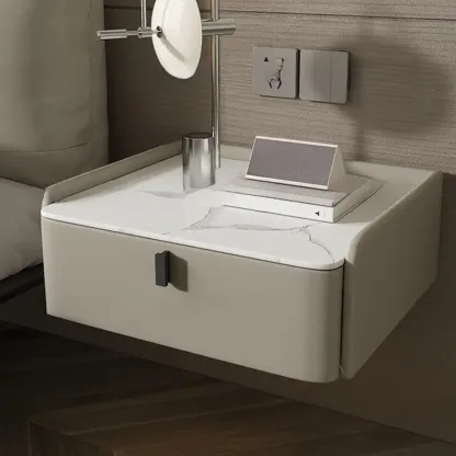 Minimalist White Stone Top Wall-Mounted Wood Nightstand Image - 3