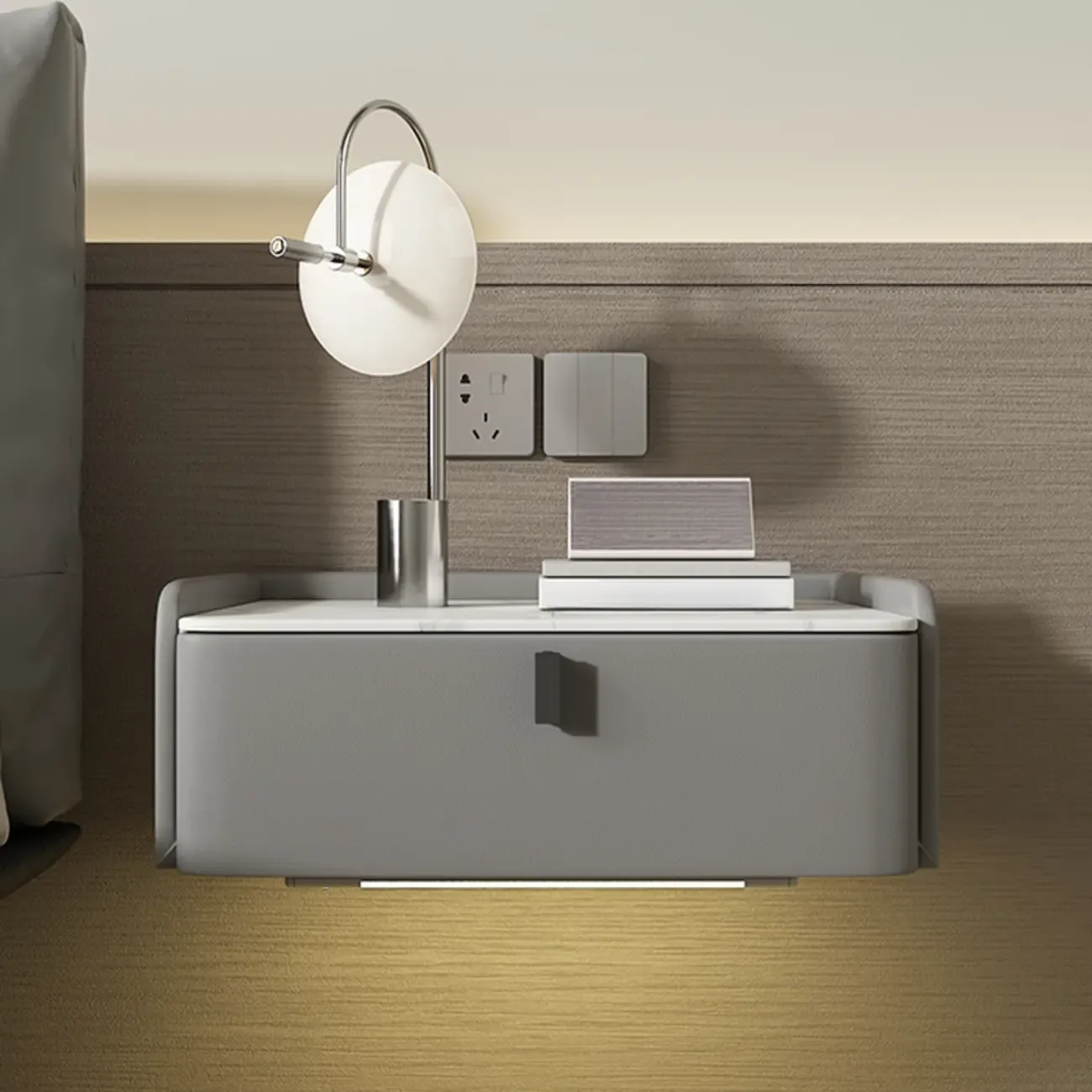 Minimalist White Stone Top Wall-Mounted Wood Nightstand Image - 4