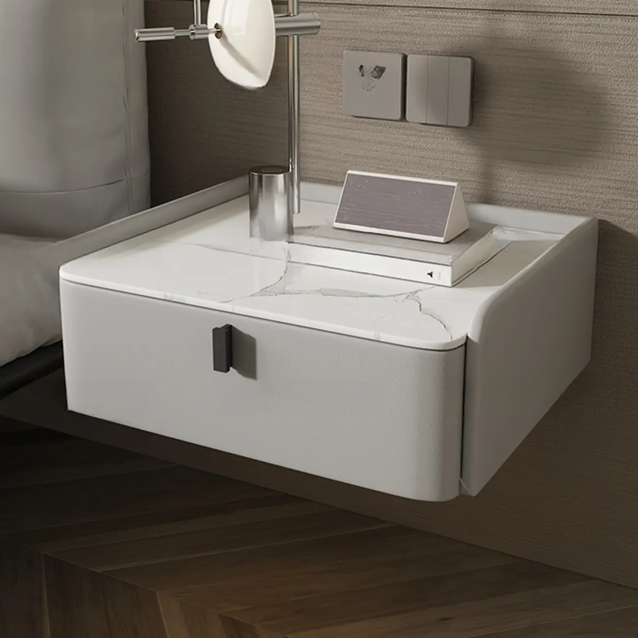Minimalist White Stone Top Wall-Mounted Wood Nightstand Image - 5 | homeyfad