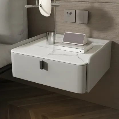 Minimalist White Stone Top Wall-Mounted Wood Nightstand Image - 5