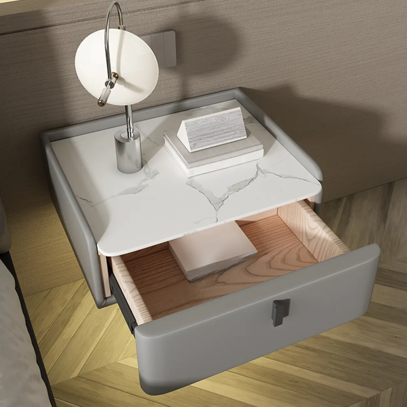 Minimalist White Stone Top Wall-Mounted Wood Nightstand Image - 16 | homeyfad