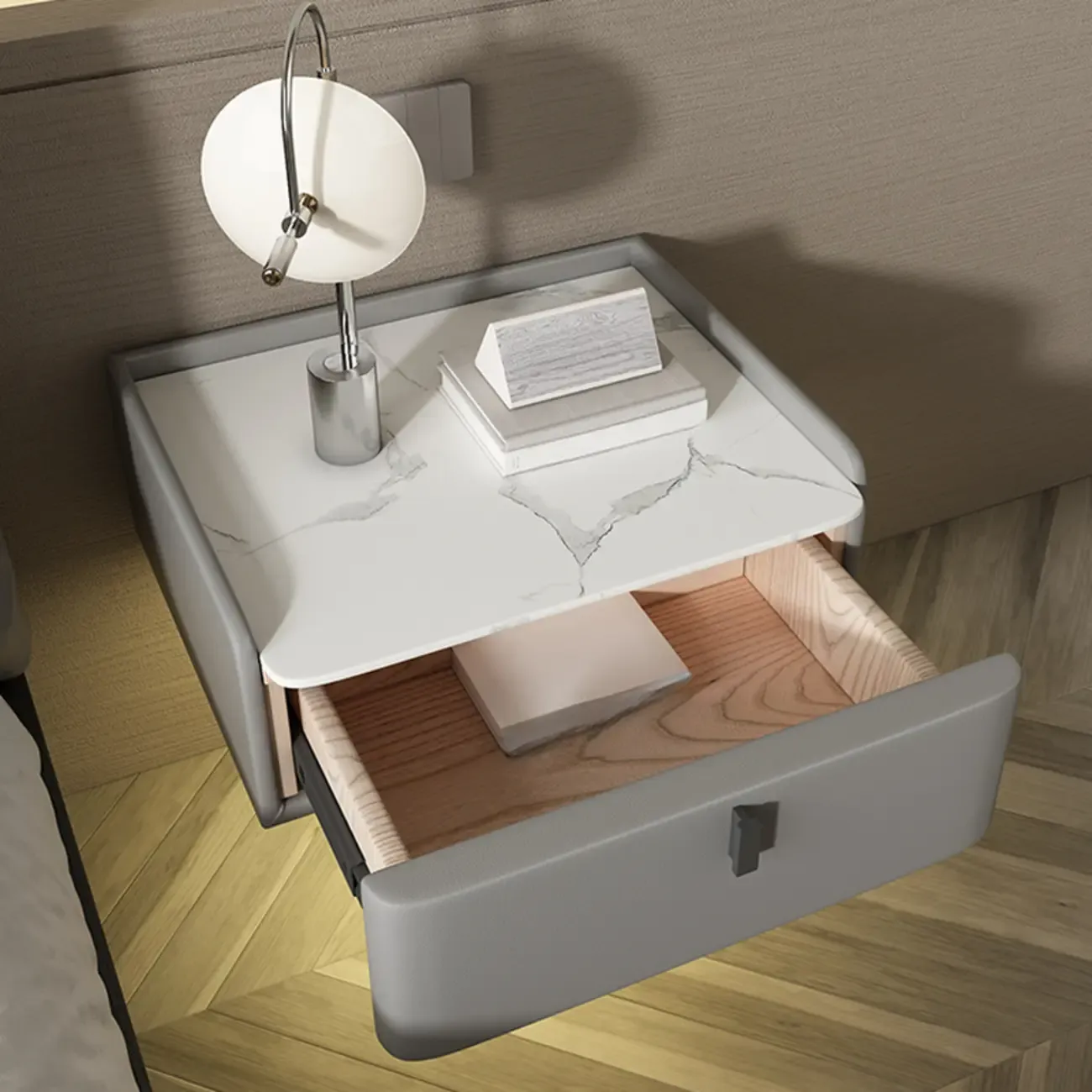 Minimalist White Stone Top Wall-Mounted Wood Nightstand Image - 16
