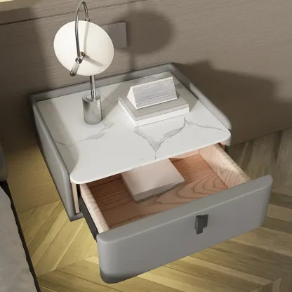 Minimalist White Stone Top Wall-Mounted Wood Nightstand Image - 16