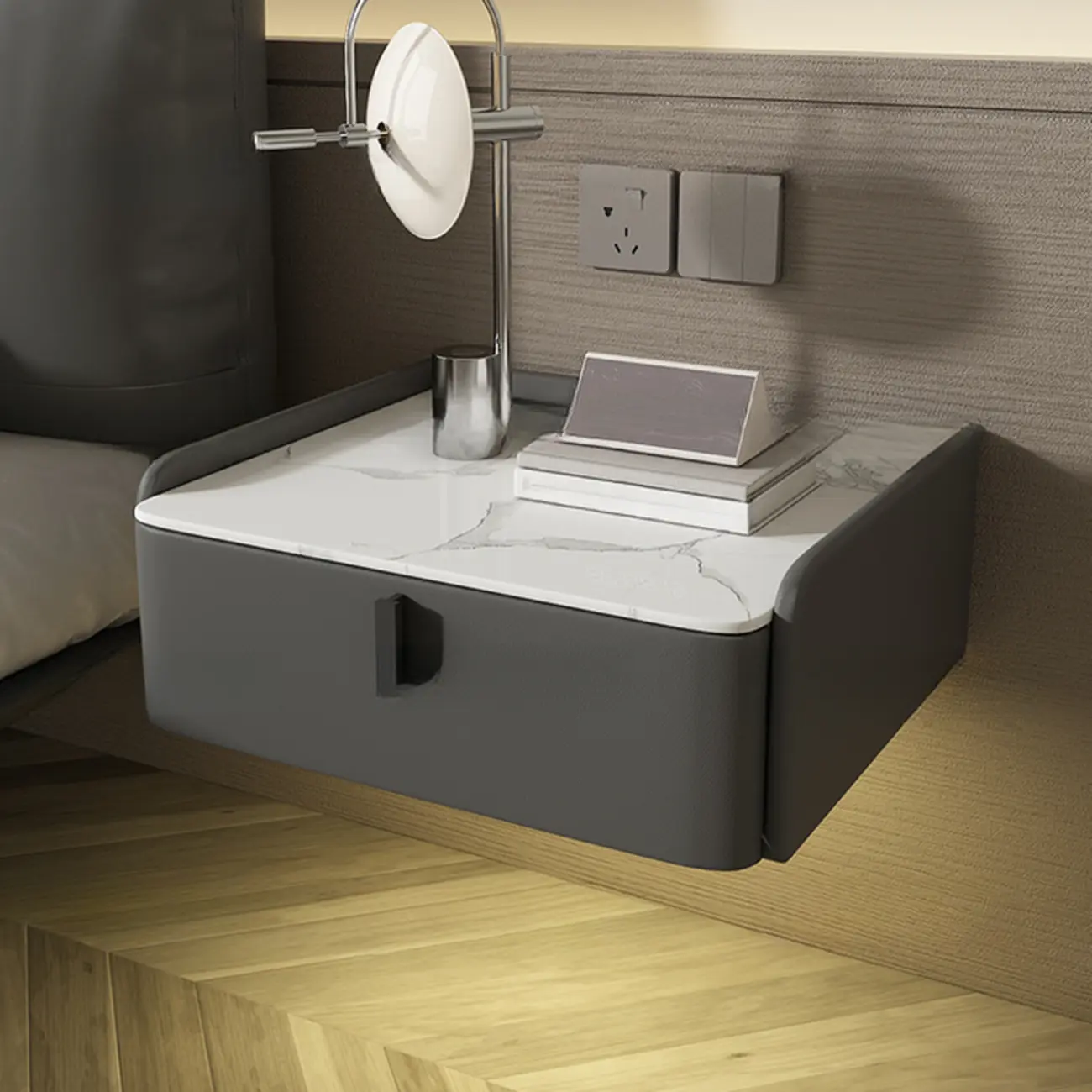 Minimalist White Stone Top Wall-Mounted Wood Nightstand Image - 6 | homeyfad