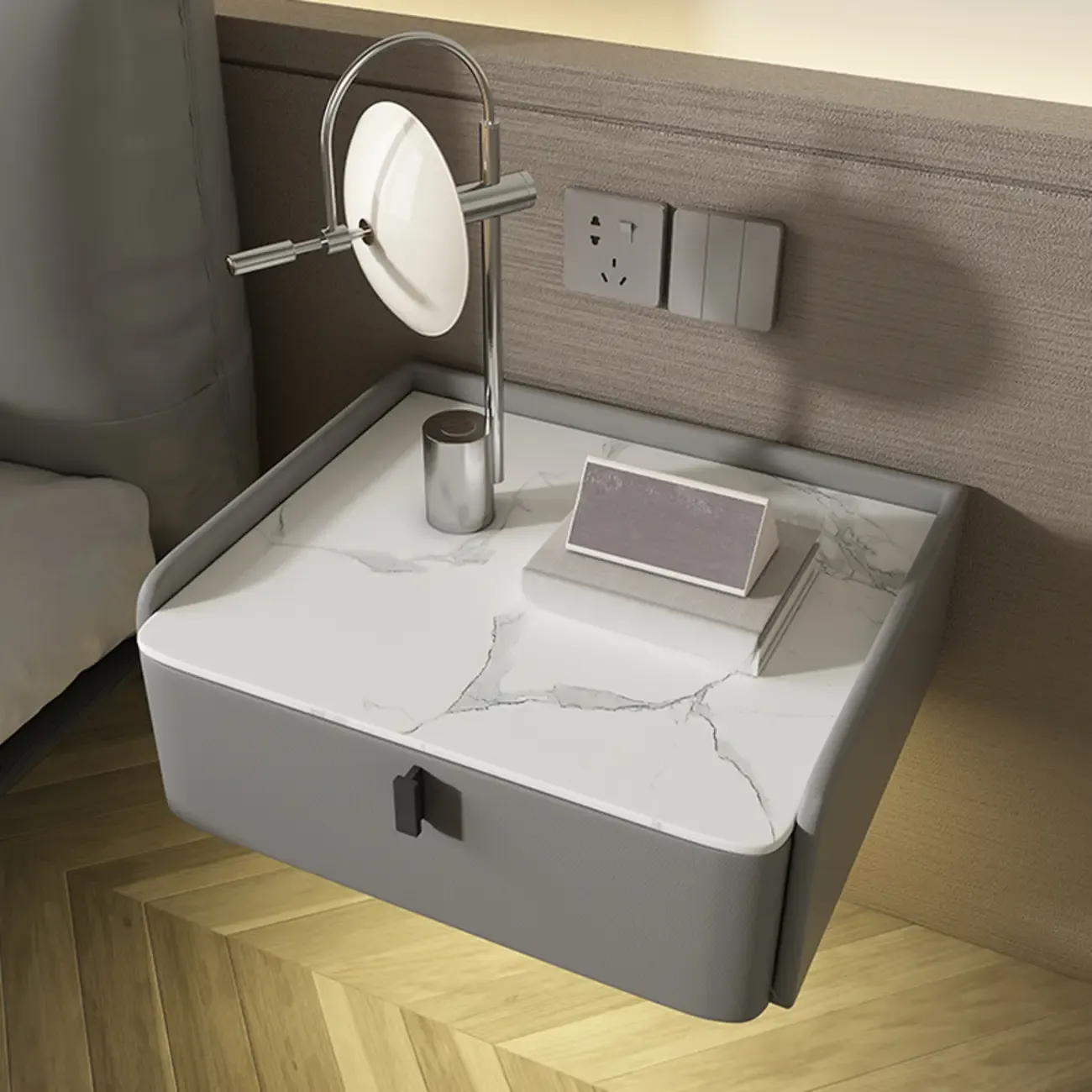 Minimalist White Stone Top Wall-Mounted Wood Nightstand Image - 7