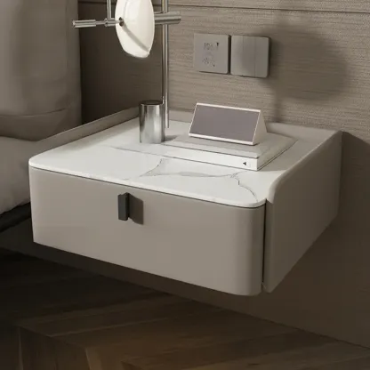 Minimalist White Stone Top Wall-Mounted Wood Nightstand Image - 9