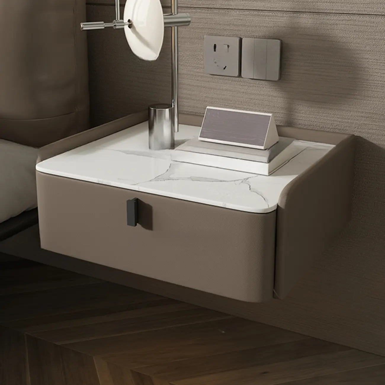 Minimalist White Stone Top Wall-Mounted Wood Nightstand Image - 10 | homeyfad