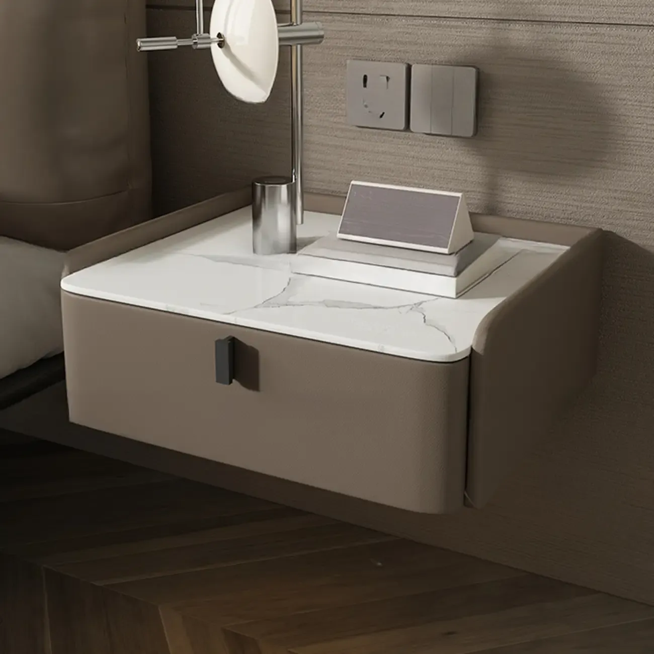 Minimalist White Stone Top Wall-Mounted Wood Nightstand Image - 10