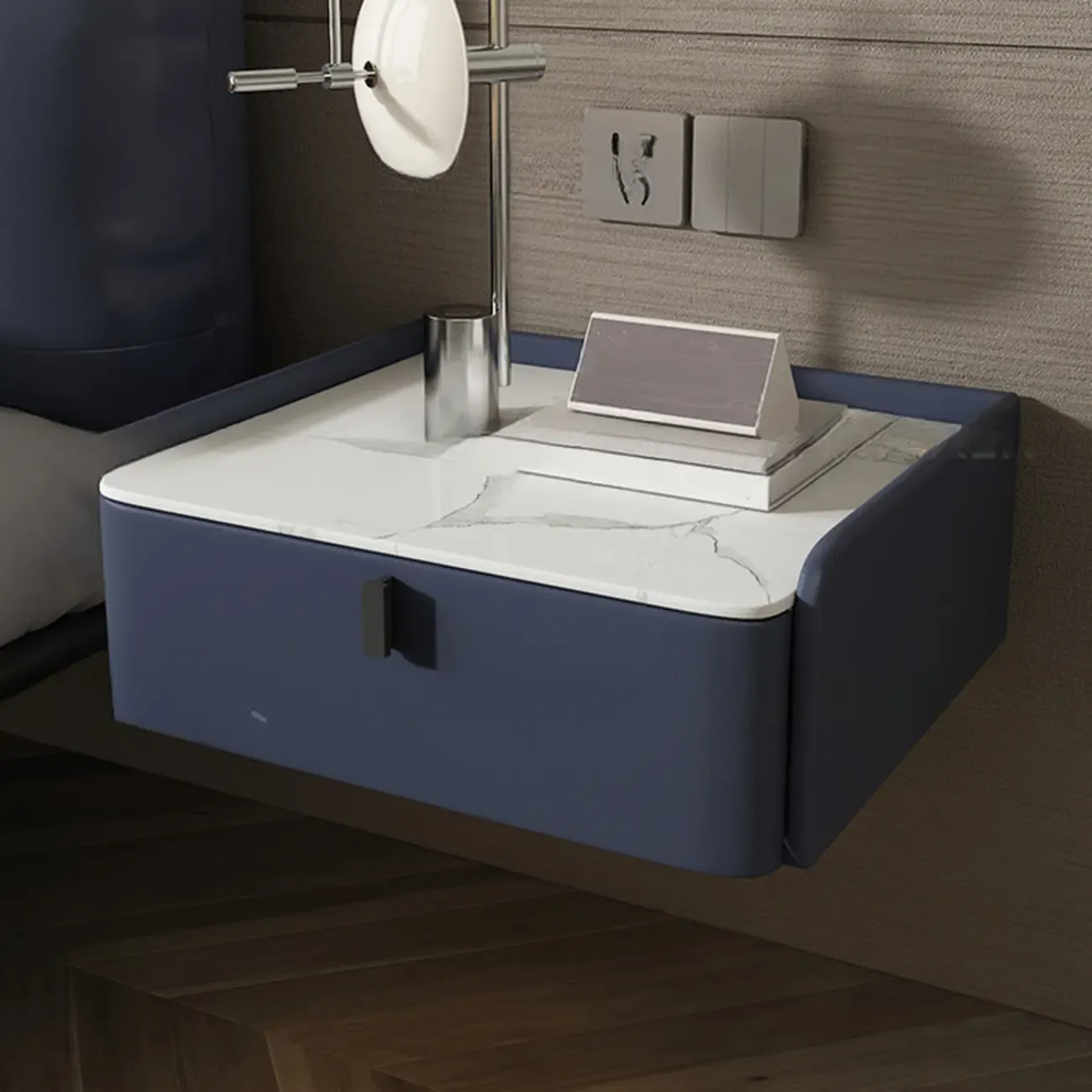 Minimalist White Stone Top Wall-Mounted Wood Nightstand Image - 12