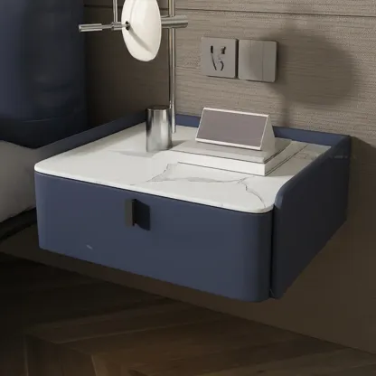 Minimalist White Stone Top Wall-Mounted Wood Nightstand Image - 12