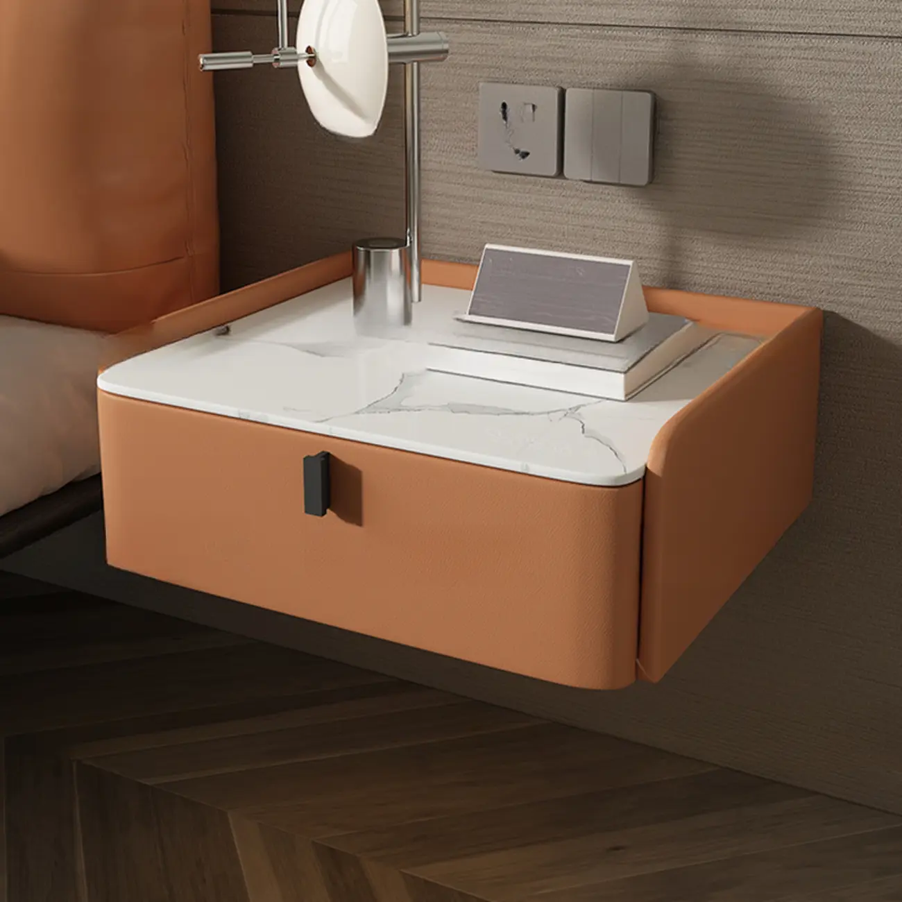 Minimalist White Stone Top Wall-Mounted Wood Nightstand Image - 13 | homeyfad