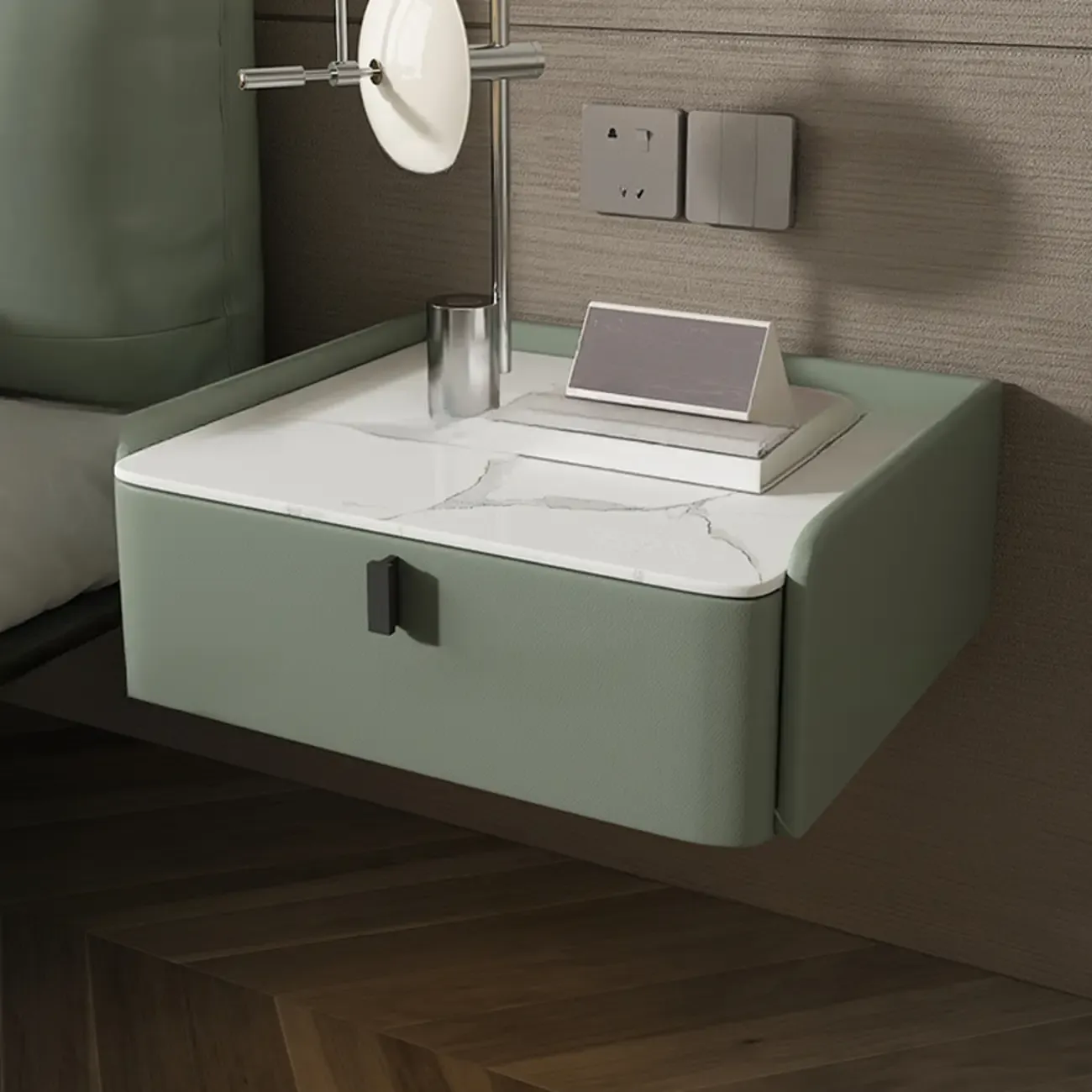 Minimalist White Stone Top Wall-Mounted Wood Nightstand Image - 14
