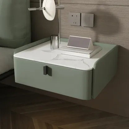 Minimalist White Stone Top Wall-Mounted Wood Nightstand Image - 14