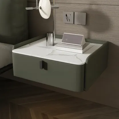 Minimalist White Stone Top Wall-Mounted Wood Nightstand Image - 15