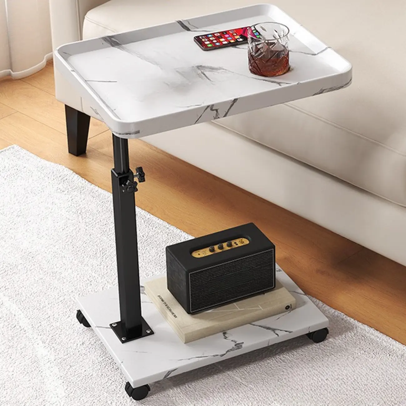 Adjustable Round Acrylic & Wood C-Shaped Wheel Side Table Image - 3 | homeyfad