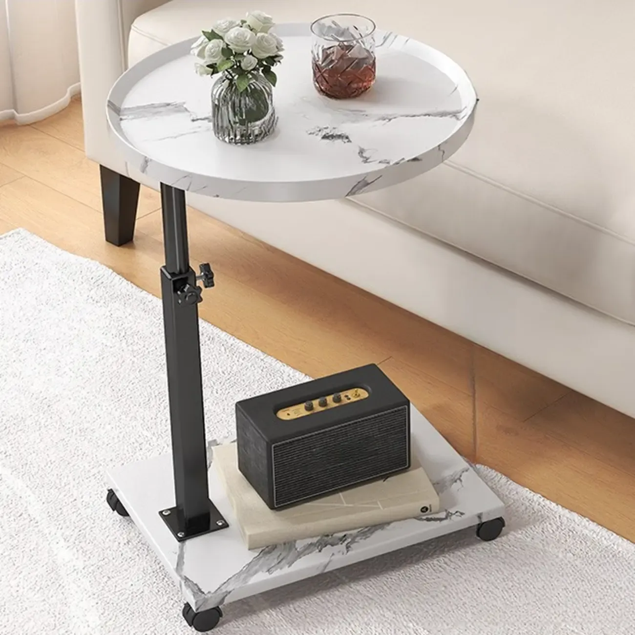 Adjustable Round Wood C-Shaped Wheel Side Table | HomeyFad