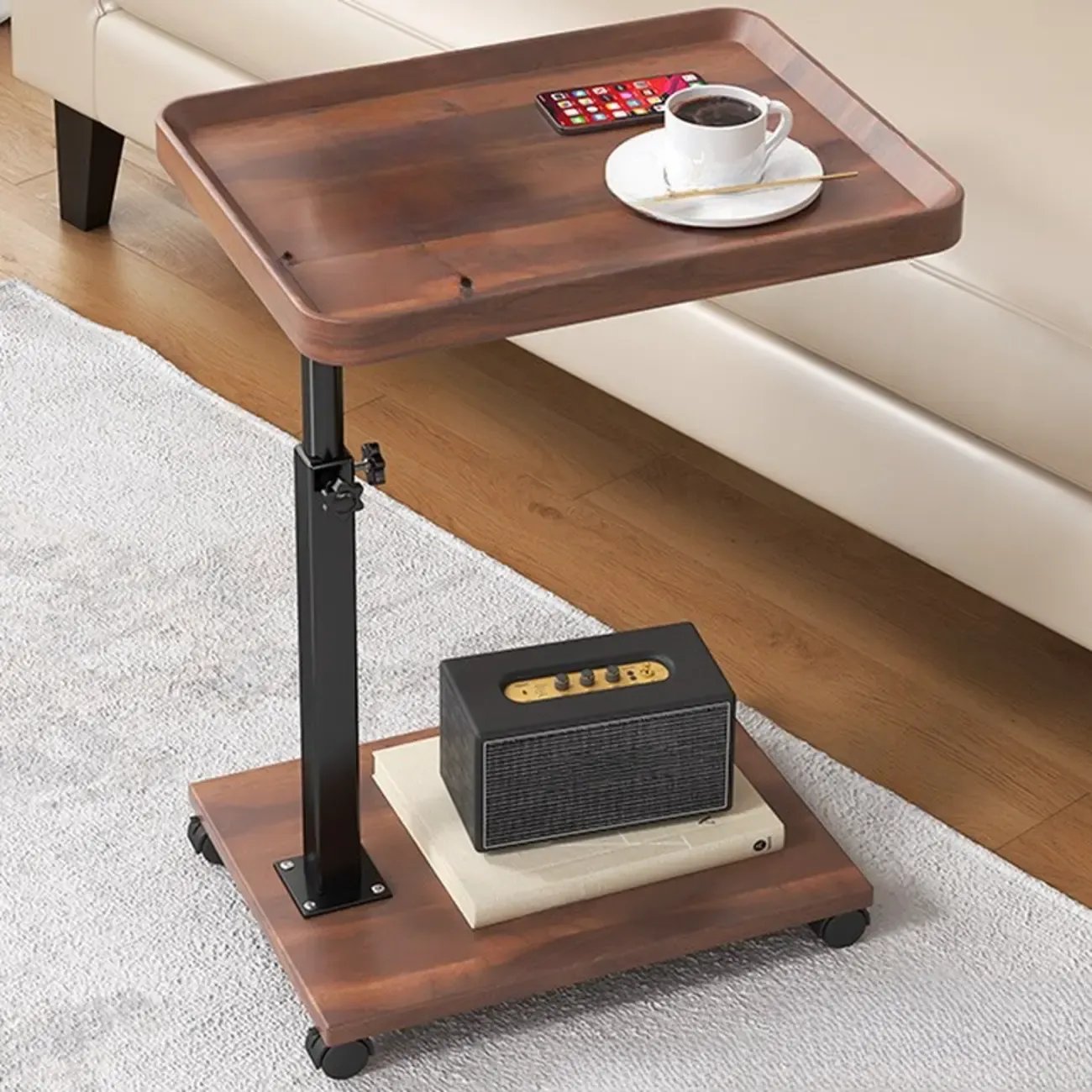 Adjustable Round Acrylic & Wood C-Shaped Wheel Side Table Image - 11