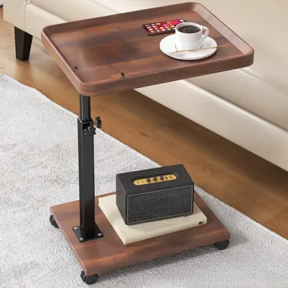 Adjustable Round Acrylic & Wood C-Shaped Wheel Side Table Image - 11