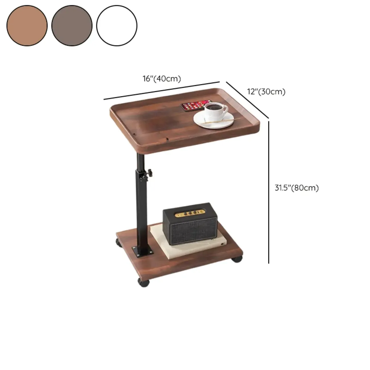 Adjustable Round Acrylic & Wood C-Shaped Wheel Side Table #size