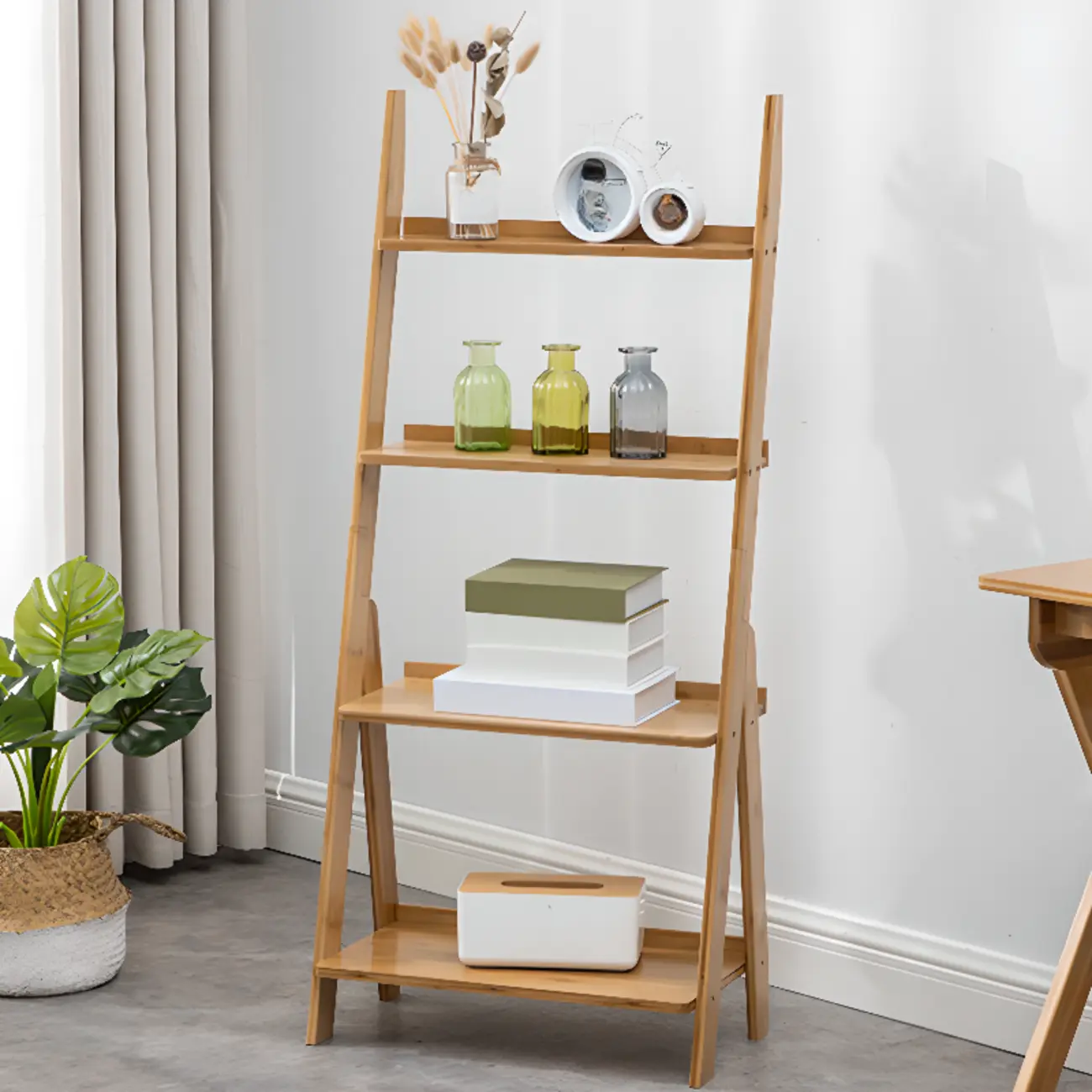 Bamboo Open 4 Shelves Adjustable Ladder Bookcase Image - 1 | homeyfad