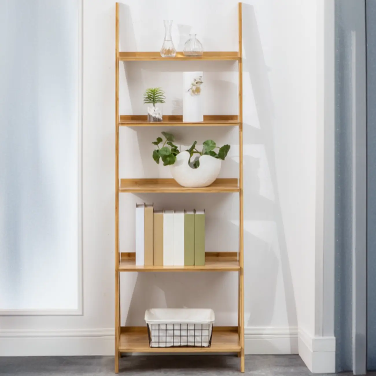 Bamboo Open 4 Shelves Adjustable Ladder Bookcase Image - 4 | homeyfad