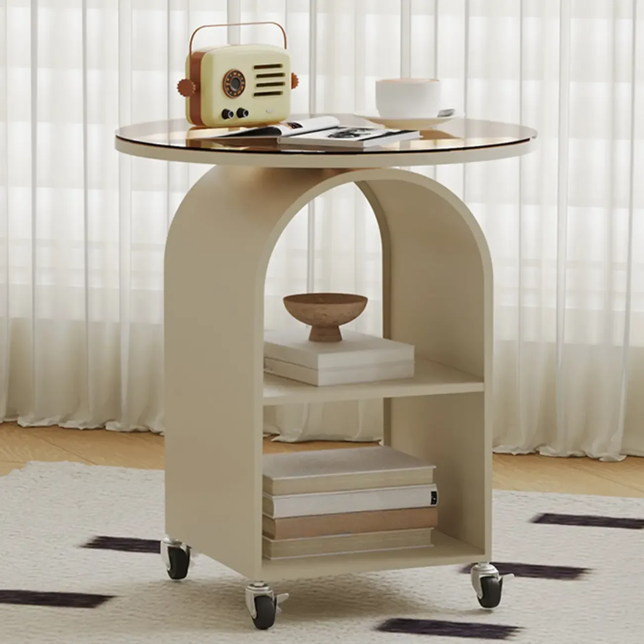 White Arch Glass Top Metal Storage Side Table with Wheels | HomeyFad
