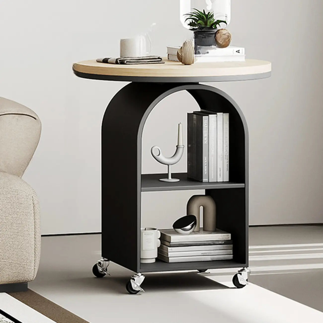 White Arch Glass Top Metal Storage Side Table with Wheels | homeyfad