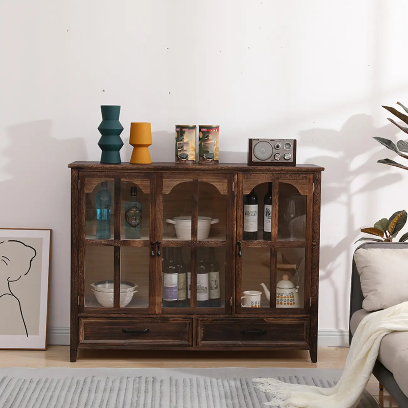 Traditional Espresso Wood China Cabinet with Glass Doors Image - 3 | homeyfad