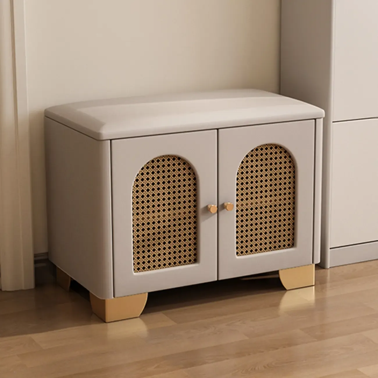 Cubic Wooden Upholstered Entryway Bench with Doors Image - 3