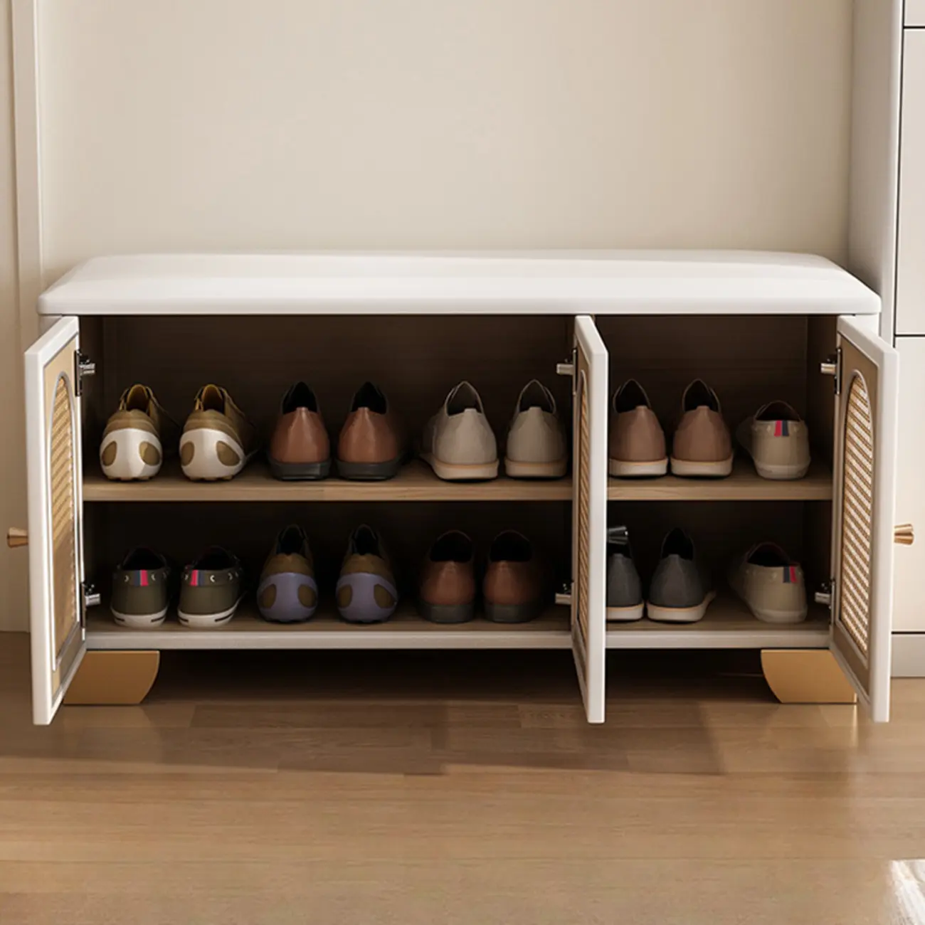 Cubic Wooden Upholstered Entryway Bench with Doors Image - 2 | homeyfad