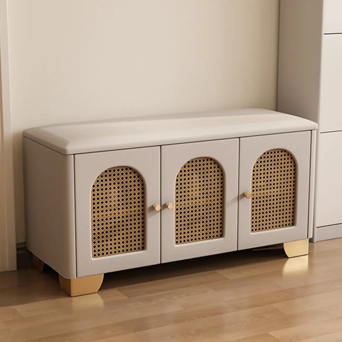 Cubic Wooden Upholstered Entryway Bench with Doors Image - 8