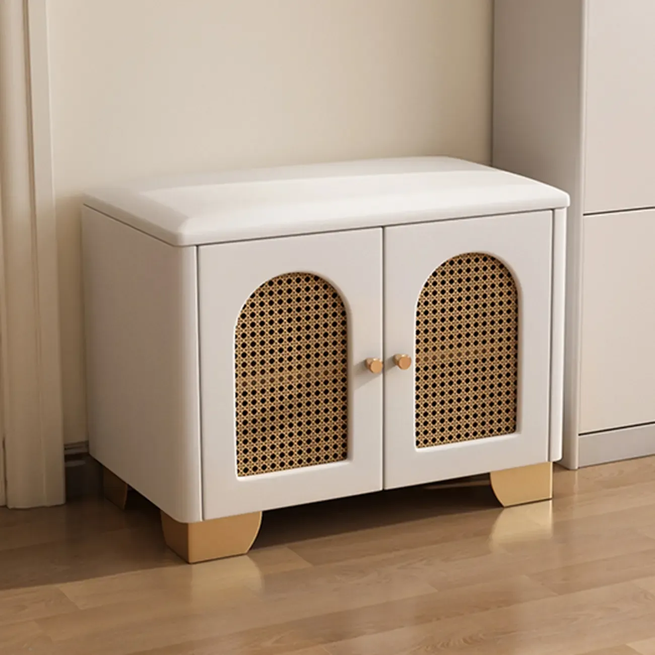 Cubic Wooden Upholstered Entryway Bench with Doors Image - 4