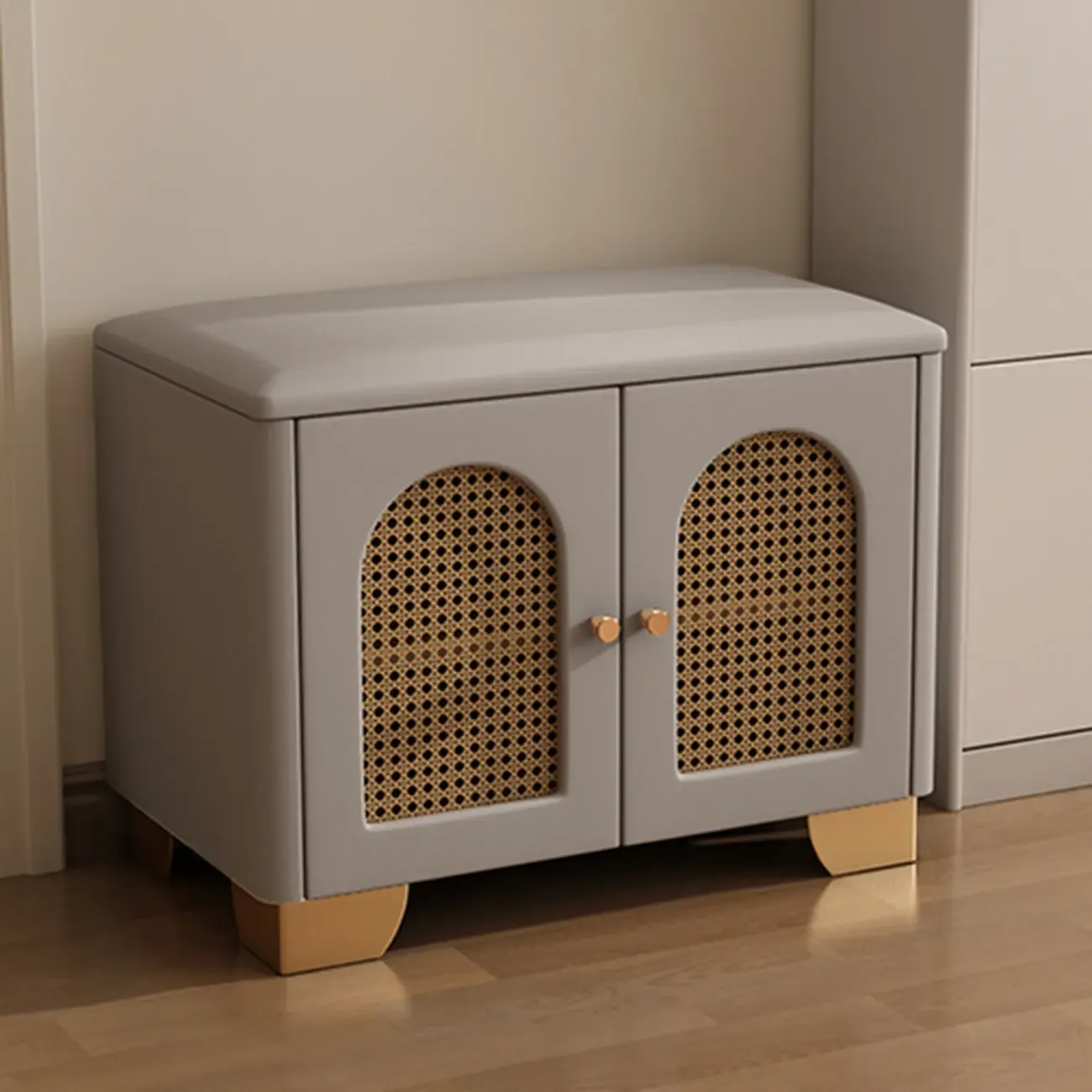 Cubic Wooden Upholstered Entryway Bench with Doors Image - 5