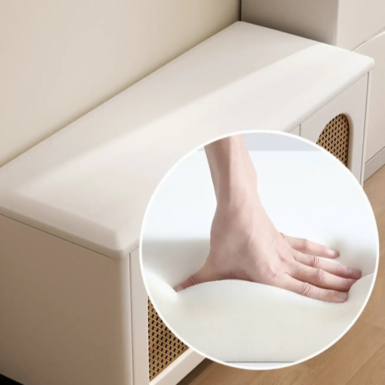 Cubic Wooden Upholstered Entryway Bench with Doors Image - 9