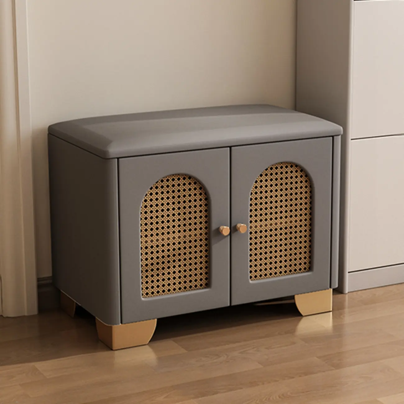 Cubic Wooden Upholstered Entryway Bench with Doors Image - 6 | homeyfad